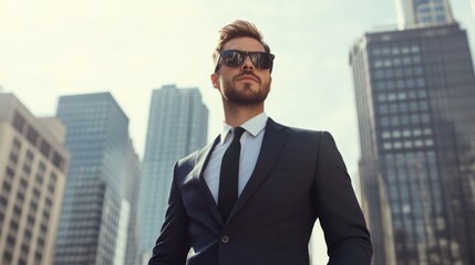 A sharply dressed man in a tailored navy suit walking briskly down a bustling city street, skyscrapers towering above, with a confident expression and stylish sunglasses