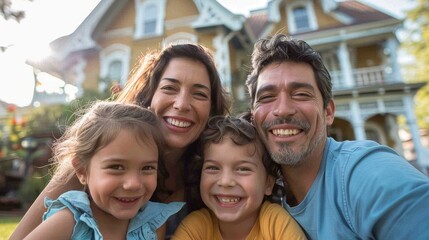 Obraz premium Happy family of four smiling together in front of their beautiful home on a bright sunny day, showcasing love and togetherness.