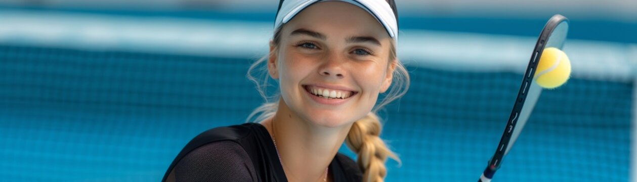 Happy female tennis player with a racket, smiling on the court during practice. Athletic woman enjoying sport. Close-up shot.
