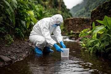 Environmental Conservation Researcher Collecting Water Samples in Lush Forest Stream - Scientific Exploration Concept