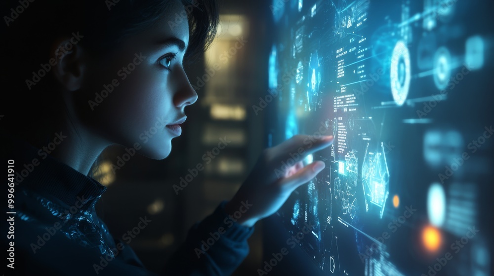 Poster a person interacts with a glowing holographic display, exploring various icons and graphs that provi