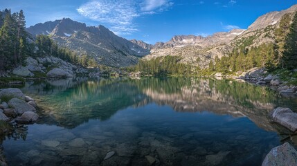 A serene mountain lake reflecting the surrounding peaks and trees under a clear blue sky.