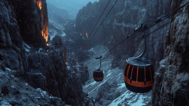 Two cable cars ascend a snowy mountain pass with a view of a rocky valley.