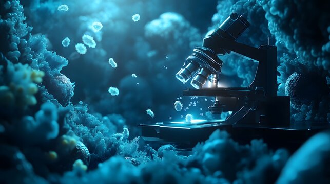 A biological microscope capturing microscopic organisms in a deep-sea research station.