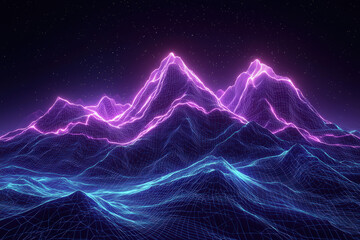 Glowing 3D wireframe mountains with neon edges create stunning visual effect against starry night sky. vibrant colors evoke sense of wonder and excitement