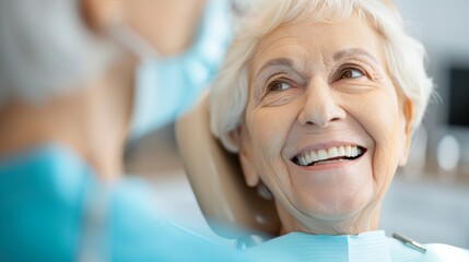 Obraz premium Senior woman smiling during a dental appointment with a dentist. Happy elderly patient in a dental clinic receiving care.