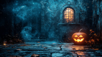 Halloween mystic background with Jack pumpkin lantern. AI generation