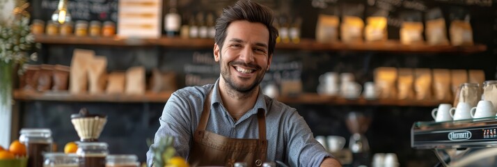 Smiling barista in a cozy coffee shop, standing behind the counter with shelves of coffee products and equipment in the background.