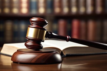 Wooden judge gavel on a law book publication courthouse authority.