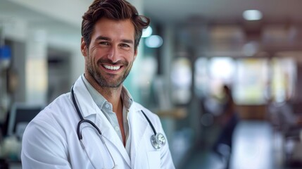 Obraz premium Smiling doctor in white coat with stethoscope standing in modern hospital corridor, ready to assist patients with medical care.
