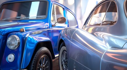Vintage Blue and Silver Cars in Showroom. CloseUp of Sleek Lines, Glossy Finishes, and Classic Design