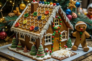 Obraz premium Gingerbread house decorated with colorful candies