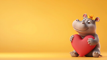 Baby hippo hugging a heartshaped pillow, tender moment, 3D illustration