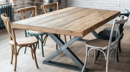 Distressed wooden dining table with a metal base, surrounded by mismatched chairs, in an industrial loft setting