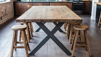 Distressed wooden dining table with a metal base, surrounded by mismatched chairs, in an industrial loft setting