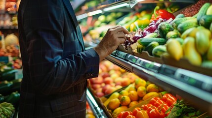 Close-up of a man in a suit selecting fresh vegetables in a grocery store. Colorful produce fills the shelves