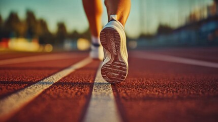 Closeup of a runner's foot on a red track with white lines.