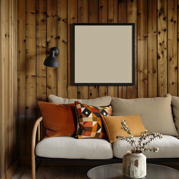 Mockup of a 1x1 black square frame in a rustic living room with a sofa and wooden walls. Artwork, poster, art print, wall art mockup. Cottage, farmhouse home interior.