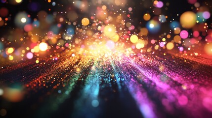 Obraz premium A dazzling display of light erupts from a central point, casting vibrant rays and colorful particles that create an enchanting atmosphere in the darkness