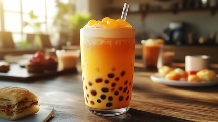 A vibrant glass of bubble tea with tapioca pearls, perfect for summer gatherings and cozy café moments.
