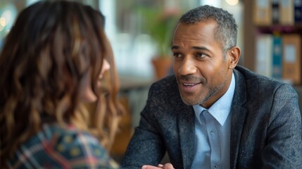 Two people having a pleasant conversation in a relaxed indoor setting, exchanging smiles and gestures, seated at a table.