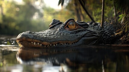 A photorealistic image of a caiman resting at the water's edge, partially submerged with only its eyes above the surface.