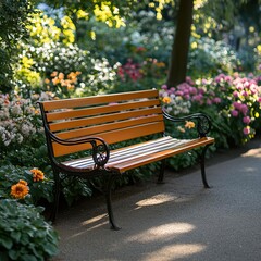 Old-fashioned wooden bench with metal arms, placed in a sunlit garden, surrounded by blooming flowers