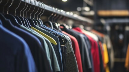 Close-up of clothes hanging on a rack in a store.
