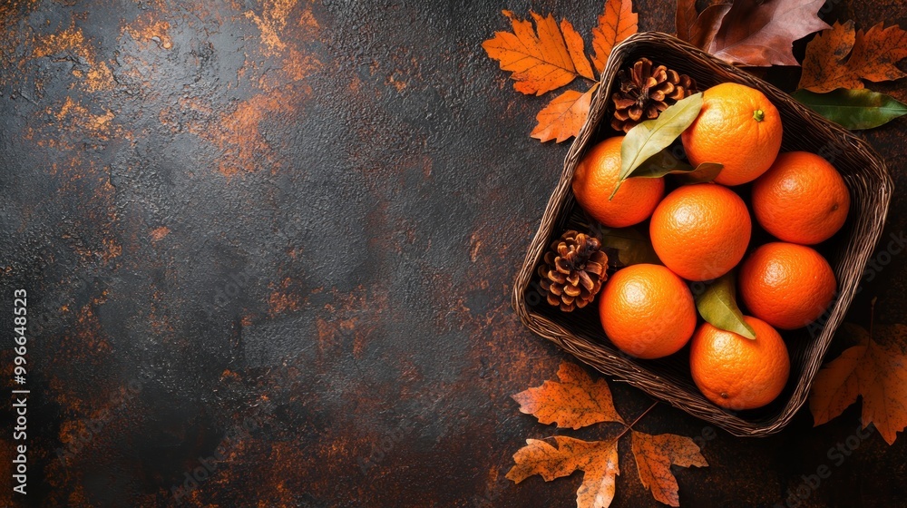 Canvas Prints A rustic basket of oranges surrounded by autumn leaves and pine cones.