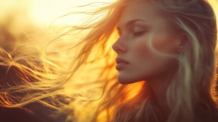 Profile of a peaceful woman with flowing hair, illuminated by warm, golden sunset light, creating a calm, dreamy atmosphere.