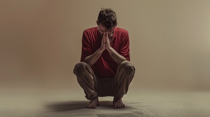 A barefoot man in a red shirt sits crouched with hands clasped in front of his face, reflecting in deep thought or meditation.
