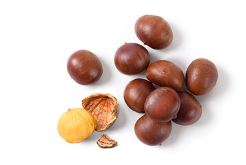 Flat lay of Chestnuts with peeled isolated on white background.