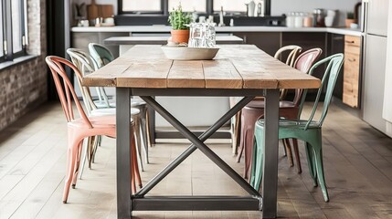 Rustic kitchen table with a metal base, surrounded by mismatched vintage chairs, in an industrial loft setting