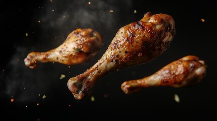 Three perfectly grilled chicken drumsticks with a crispy, charred finish, seasoned with spices and surrounded by smoky flavors against a dark background.

