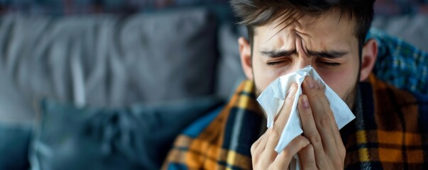 Young man with a cold sitting on a couch, sneezing into a tissue and wrapped in a blanket. Suffering from seasonal flu symptoms.