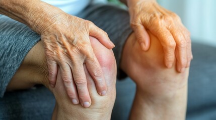 Close-up of elderly hands holding a swollen knee, indicating pain or arthritis, highlighting joint health and aging concerns