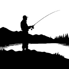 Man Fishing Silhouette – Black and White Vector Art on Transparent Background, Perfect for Logos and Ads