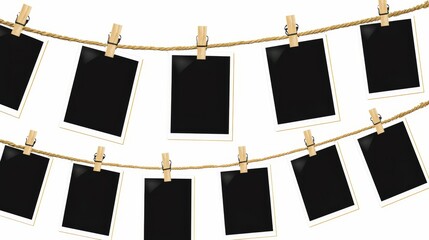 Blank photos on clothespins on a rope on a white background
