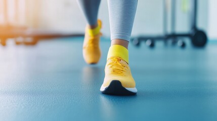 Close-up of bright yellow running shoes during a workout in gym