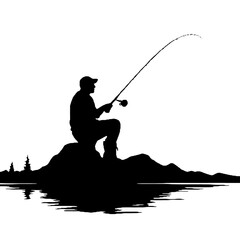 Fisherman Silhouette Vector Illustration – Black and White Logo on Transparent Background, Great for Tattoos