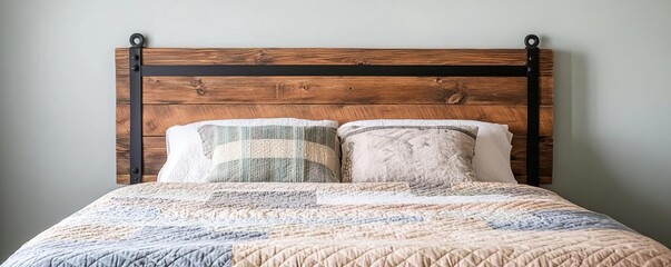 Rustic wooden headboard with iron accents, paired with a soft, faded quilt in a cozy, vintage-style bedroom