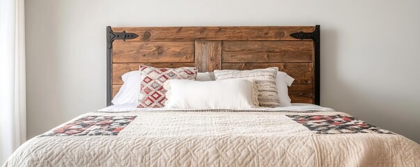 Rustic wooden headboard with iron accents, paired with a soft, faded quilt in a cozy, vintage-style bedroom