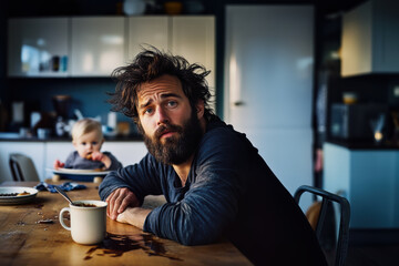Young man with disheveled messy hair sitting at kitchen table, drinking coffee drink in the morning, his baby in background. Single dad.