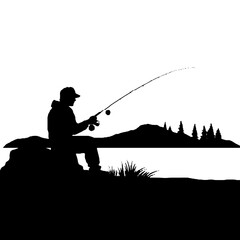 Man Fishing Silhouette Vector – Black and White Design on Transparent Background, Ideal for Tattoos and Logos