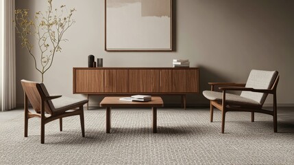 This cozy gray room showcases sleek wooden furniture and a patterned carpet, illuminated by gentle natural light. The inviting atmosphere invites relaxation