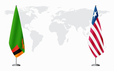 Zambia and Liberia flags for official meeting against background of world map.
