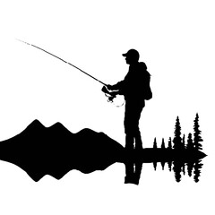 Man Fishing Silhouette Transparent Background – Black and White Vector Logo, Perfect for Tattoos and Icons