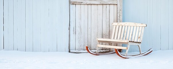 Vintage wooden sled with peeling paint, leaning against a weathered barn door, surrounded by snow