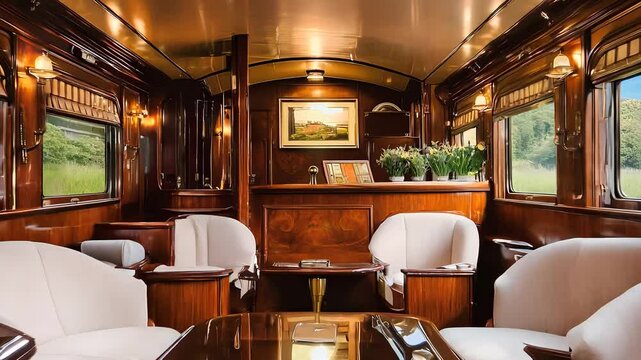 Luxurious vintage train interior with elegant wooden decor, cozy seating, classic design, scenic travel, retro atmosphere.