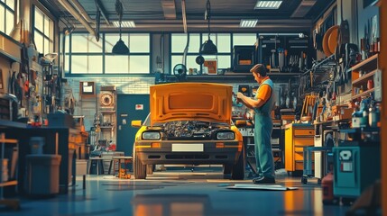 A mechanic works on a car in a well-equipped garage filled with tools and equipment.